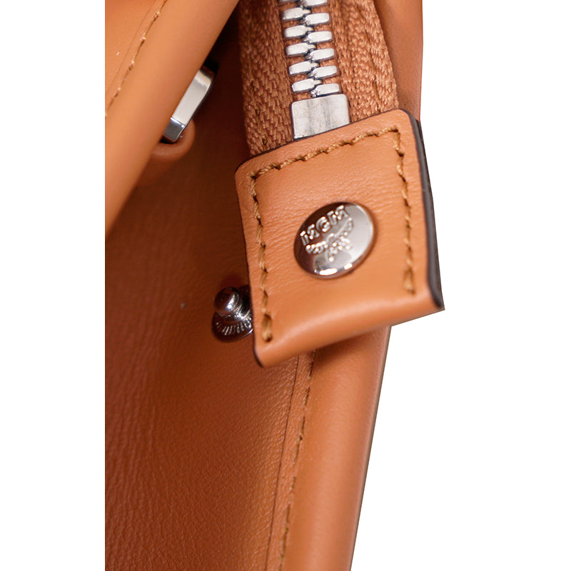 NEW $850 MCM Cognac Spanish Calf Leather LOGO AREN MESSENGER WRISTLET STRAP BAG