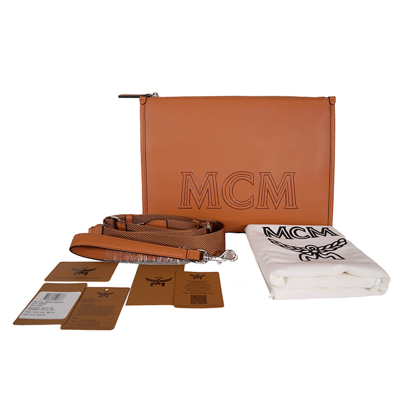 NEW $850 MCM Cognac Spanish Calf Leather LOGO AREN MESSENGER WRISTLET STRAP BAG