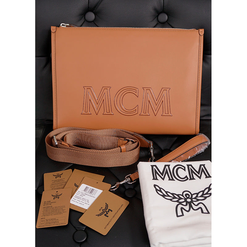 NEW $850 MCM Cognac Spanish Calf Leather LOGO AREN MESSENGER WRISTLET STRAP BAG