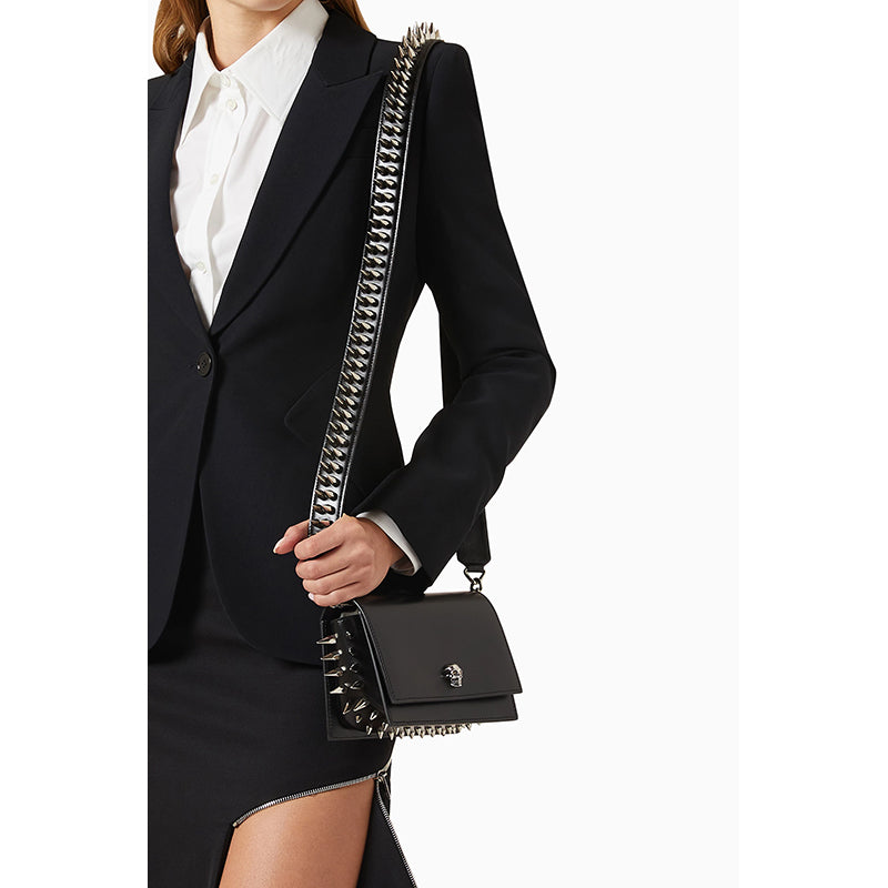 NEW $1,890 ALEXANDER MCQUEEN Black Leather Skull SPIKED BIKER Crossbody BAG NIB