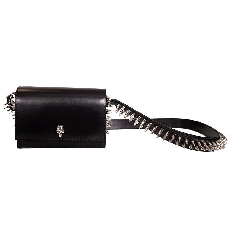 NEW $1,890 ALEXANDER MCQUEEN Black Leather Skull SPIKED BIKER Crossbody BAG NIB