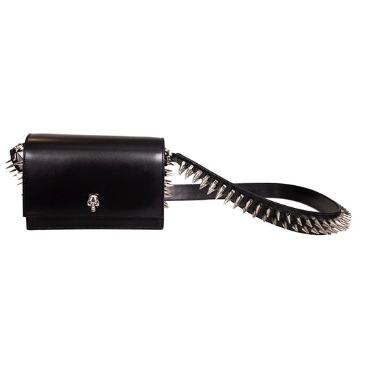 NEW $1,890 ALEXANDER MCQUEEN Black Leather Skull SPIKED BIKER Crossbody BAG NIB