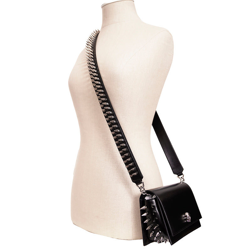 NEW $1,890 ALEXANDER MCQUEEN Black Leather Skull SPIKED BIKER Crossbody BAG NIB