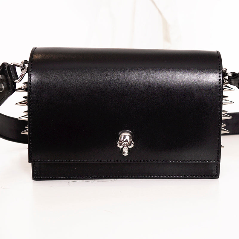NEW $1,890 ALEXANDER MCQUEEN Black Leather Skull SPIKED BIKER Crossbody BAG NIB