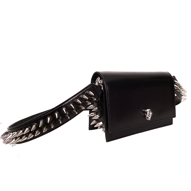 NEW $1,890 ALEXANDER MCQUEEN Black Leather Skull SPIKED BIKER Crossbody BAG NIB