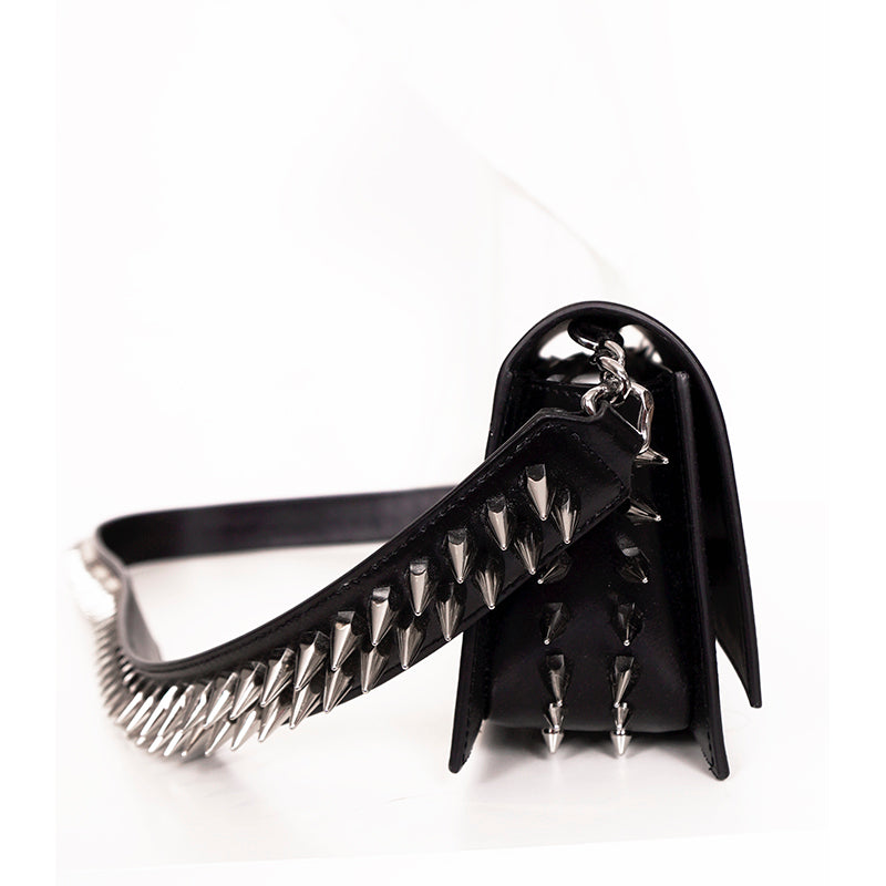 NEW $1,890 ALEXANDER MCQUEEN Black Leather Skull SPIKED BIKER Crossbody BAG NIB