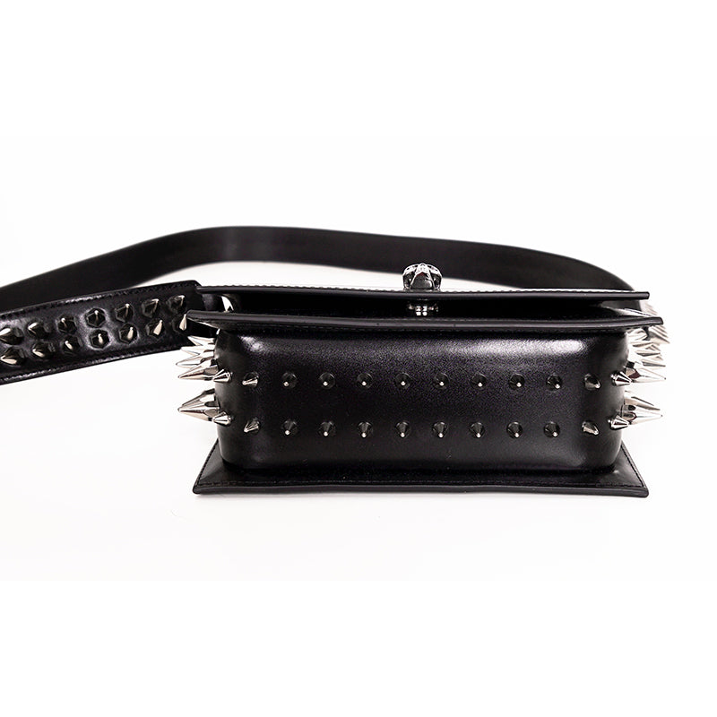 NEW $1,890 ALEXANDER MCQUEEN Black Leather Skull SPIKED BIKER Crossbody BAG NIB