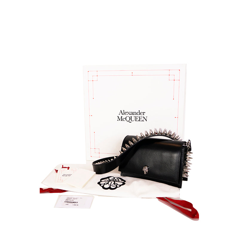 NEW $1,890 ALEXANDER MCQUEEN Black Leather Skull SPIKED BIKER Crossbody BAG NIB