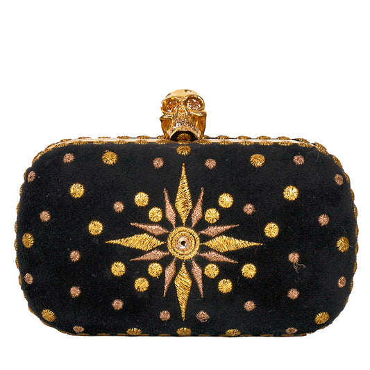 VINTAGE 2013 ALEXANDER MCQUEEN Black Suede GOLD EMBROIDERY SKULL CLUTCH BAG EUC
