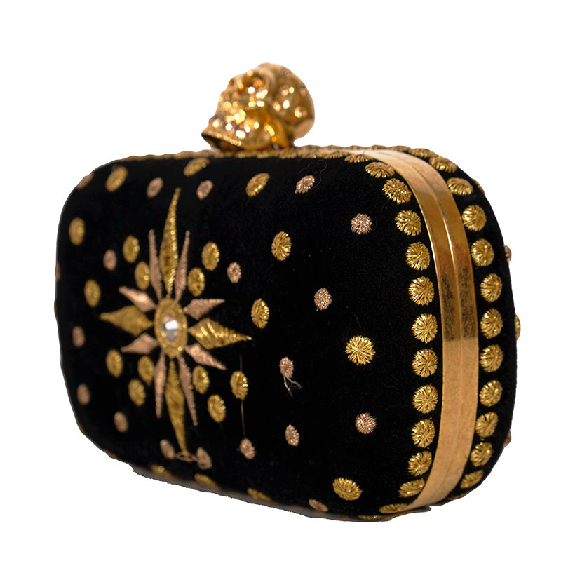 VINTAGE 2013 ALEXANDER MCQUEEN Black Suede GOLD EMBROIDERY SKULL CLUTCH BAG EUC