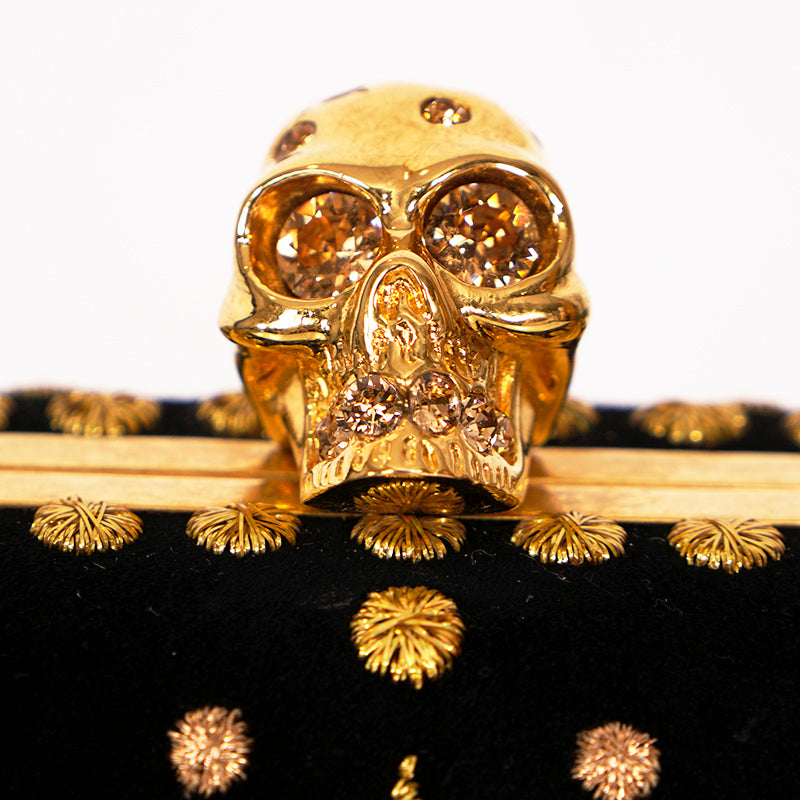VINTAGE 2013 ALEXANDER MCQUEEN Black Suede GOLD EMBROIDERY SKULL CLUTCH BAG EUC