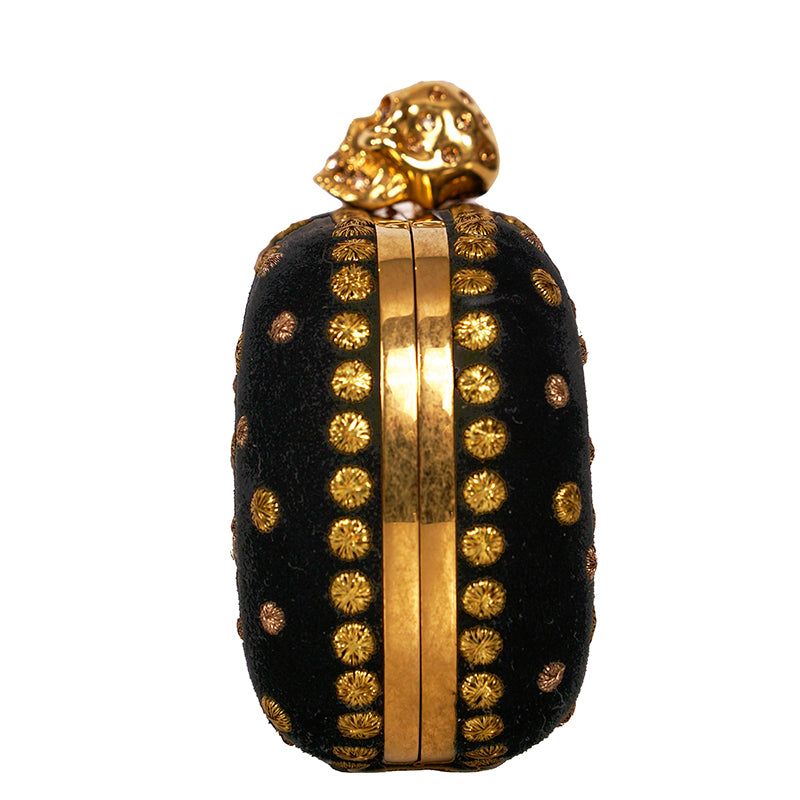 VINTAGE 2013 ALEXANDER MCQUEEN Black Suede GOLD EMBROIDERY SKULL CLUTCH BAG EUC