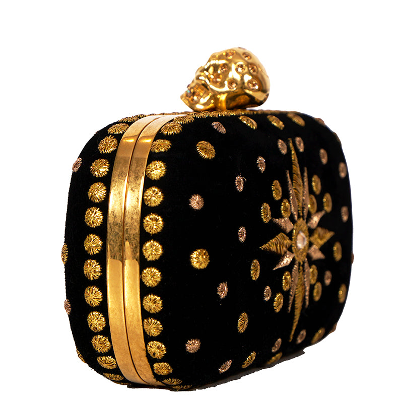 VINTAGE 2013 ALEXANDER MCQUEEN Black Suede GOLD EMBROIDERY SKULL CLUTCH BAG EUC