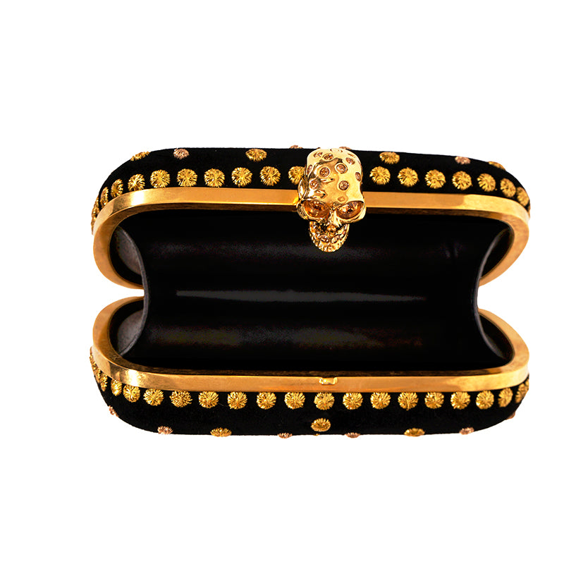 VINTAGE 2013 ALEXANDER MCQUEEN Black Suede GOLD EMBROIDERY SKULL CLUTCH BAG EUC