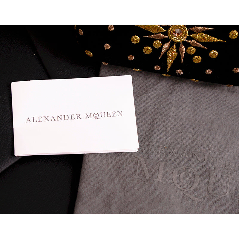 VINTAGE 2013 ALEXANDER MCQUEEN Black Suede GOLD EMBROIDERY SKULL CLUTCH BAG EUC