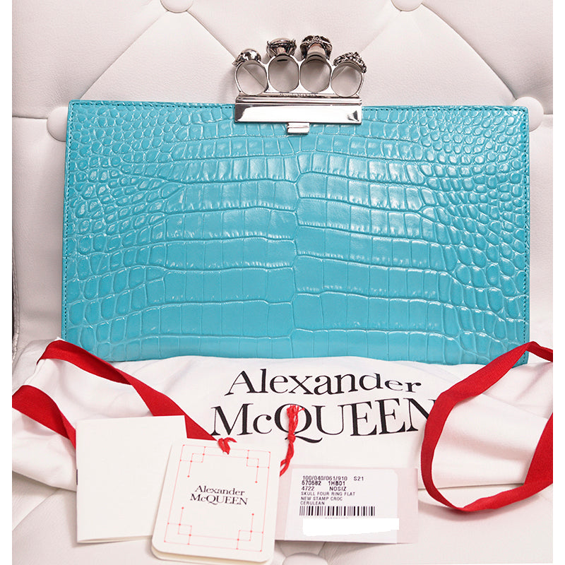 NEW $2290 ALEXANDER MCQUEEN cerulean Blue SILVER JEWEL KNUCKLE 4 Ring SKULL BAG