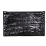 NEW $530 ALEXANDER MCQUEEN Black Leather Croc Embossed SKULL ZIP Clutch BAG NWT