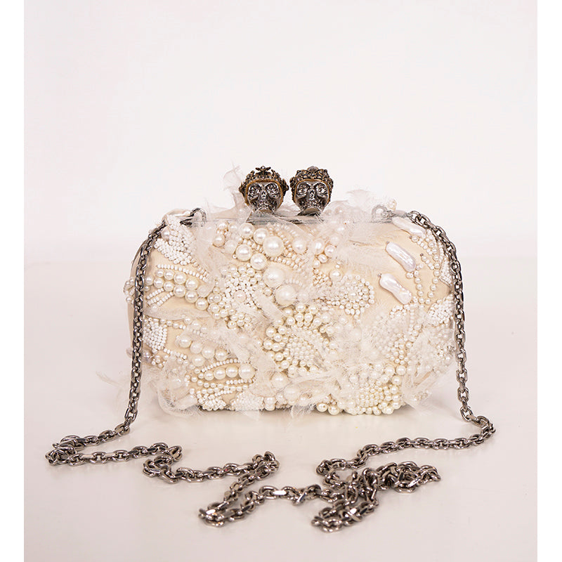 RETIRED $4,990 ALEXANDER MCQUEEN Ivory Leather Pearl KING QUEEN SKULL Clutch BAG