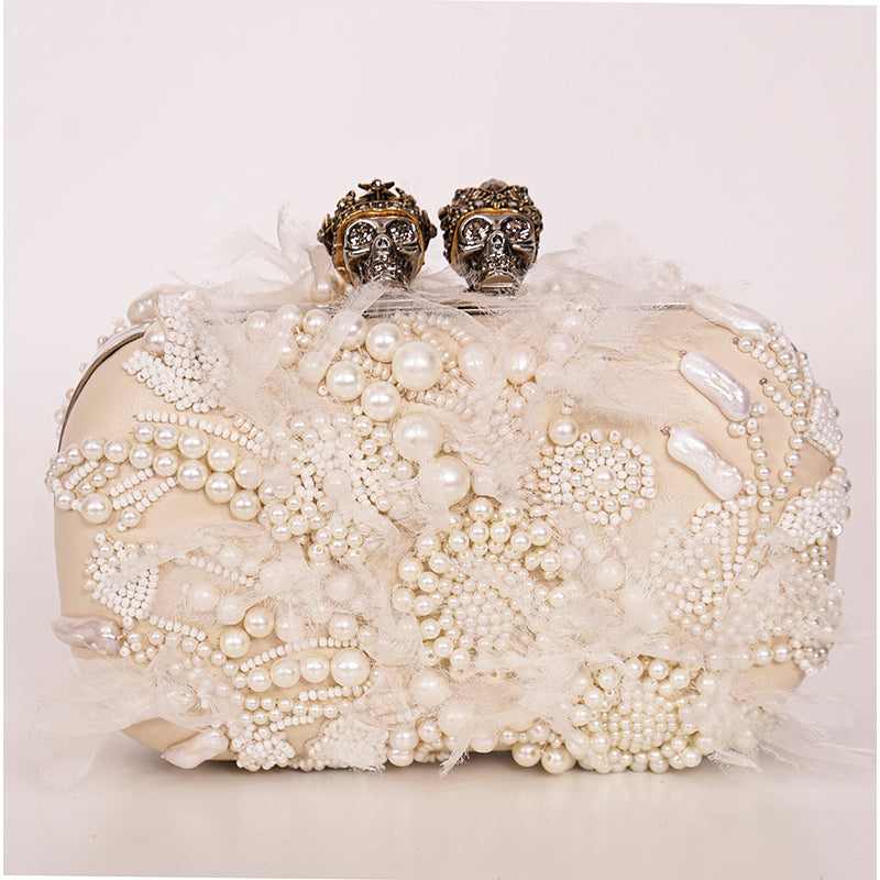 RETIRED $4,990 ALEXANDER MCQUEEN Ivory Leather Pearl KING QUEEN SKULL Clutch BAG