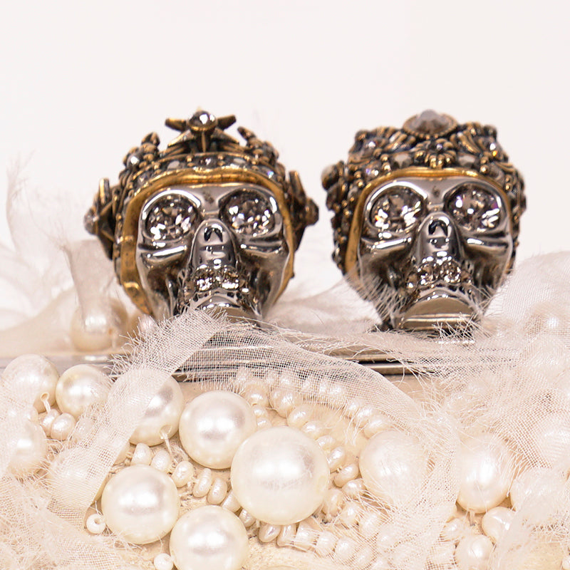 RETIRED $4,990 ALEXANDER MCQUEEN Ivory Leather Pearl KING QUEEN SKULL Clutch BAG