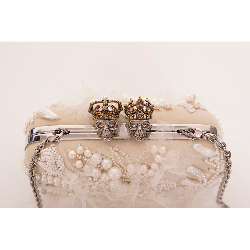 RETIRED $4,990 ALEXANDER MCQUEEN Ivory Leather Pearl KING QUEEN SKULL Clutch BAG