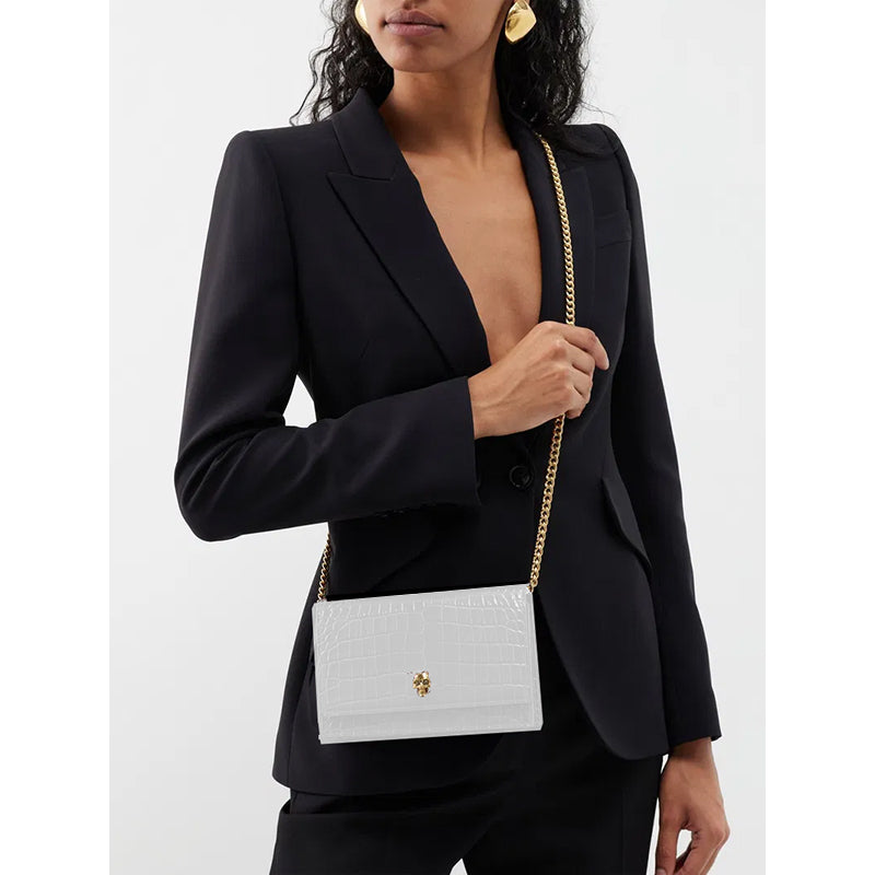 NEW $990 ALEXANDER MCQUEEN Ivory White CROC EMBOSSED Leather SKULL Chain BAG