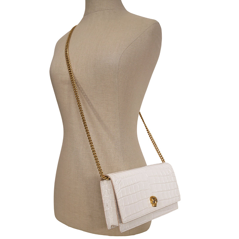 NEW $990 ALEXANDER MCQUEEN Ivory White CROC EMBOSSED Leather SKULL Chain BAG
