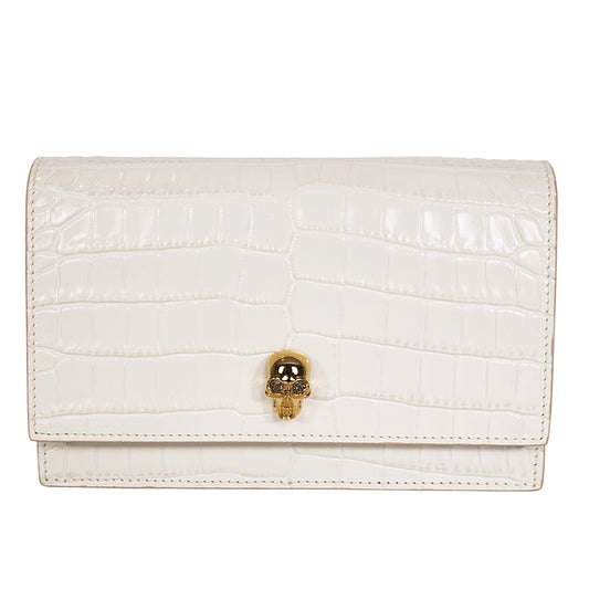 NEW $990 ALEXANDER MCQUEEN Ivory White CROC EMBOSSED Leather SKULL Chain BAG