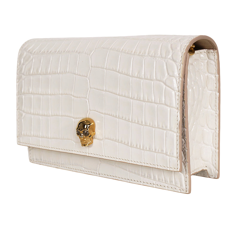 NEW $990 ALEXANDER MCQUEEN Ivory White CROC EMBOSSED Leather SKULL Chain BAG