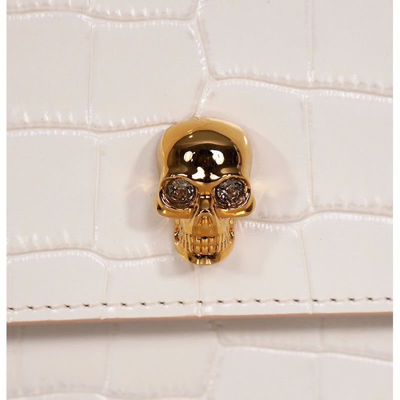 NEW $990 ALEXANDER MCQUEEN Ivory White CROC EMBOSSED Leather SKULL Chain BAG