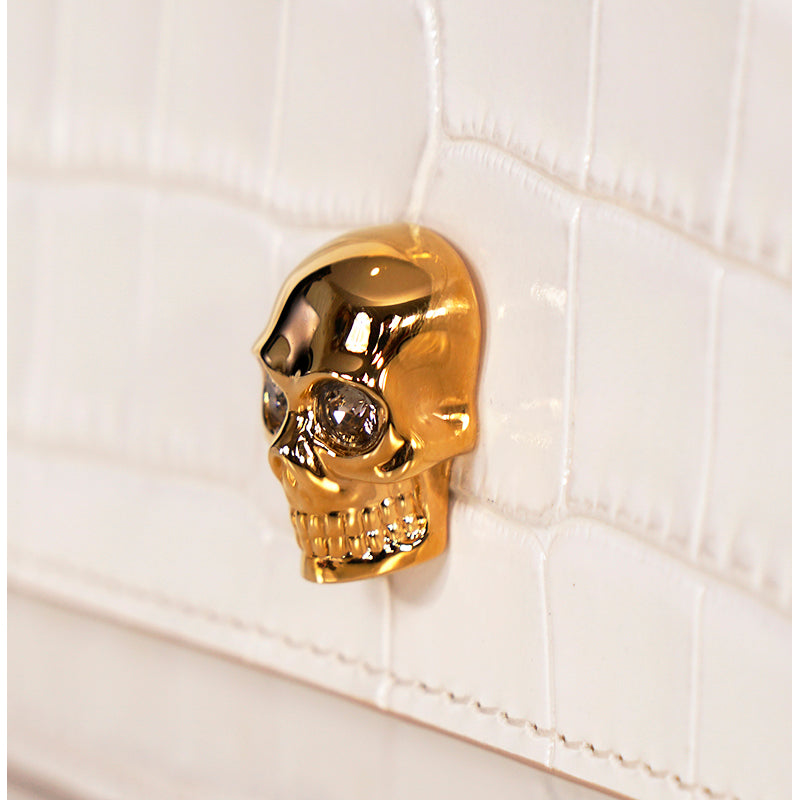 NEW $990 ALEXANDER MCQUEEN Ivory White CROC EMBOSSED Leather SKULL Chain BAG