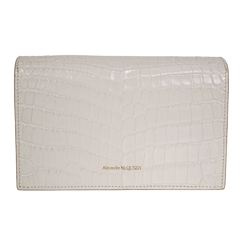 NEW $990 ALEXANDER MCQUEEN Ivory White CROC EMBOSSED Leather SKULL Chain BAG