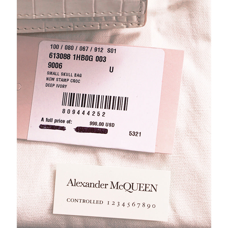 NEW $990 ALEXANDER MCQUEEN Ivory White CROC EMBOSSED Leather SKULL Chain BAG