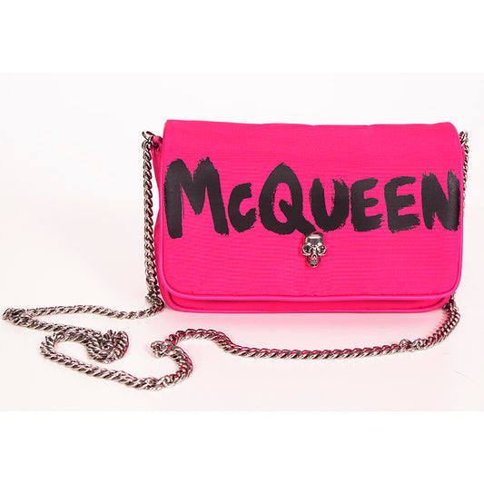 NEW $890 ALEXANDER MCQUEEN Hot BOBBY PINK Nylon CRYSTAL SKULL GRAFFITI Flap BAG!