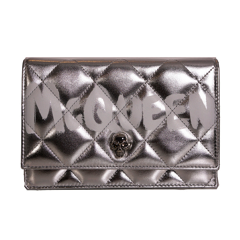 NEW $1290 ALEXANDER MCQUEEN Silver GRAFFITI Quilted Leather SKULL Crossbody BAG