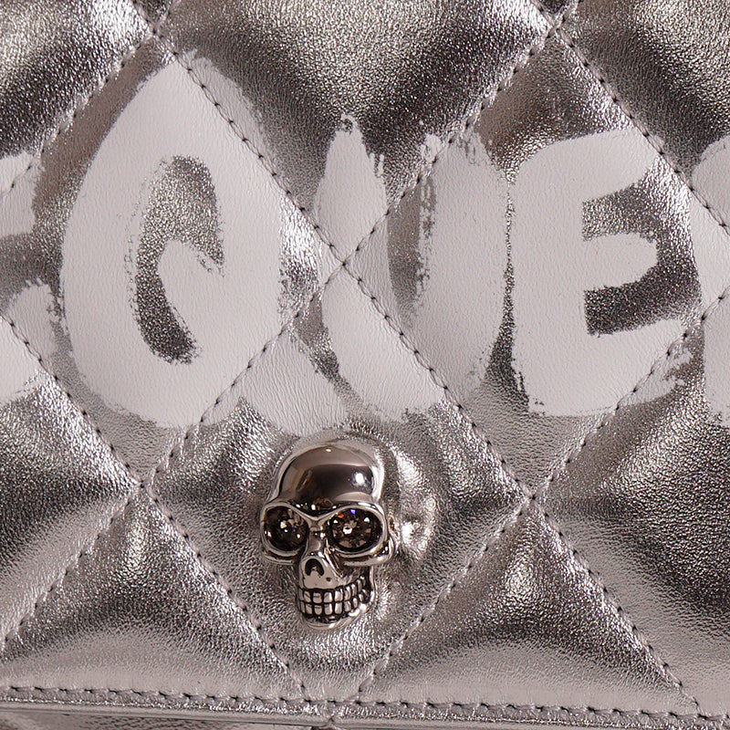 NEW $1290 ALEXANDER MCQUEEN Silver GRAFFITI Quilted Leather SKULL Crossbody BAG