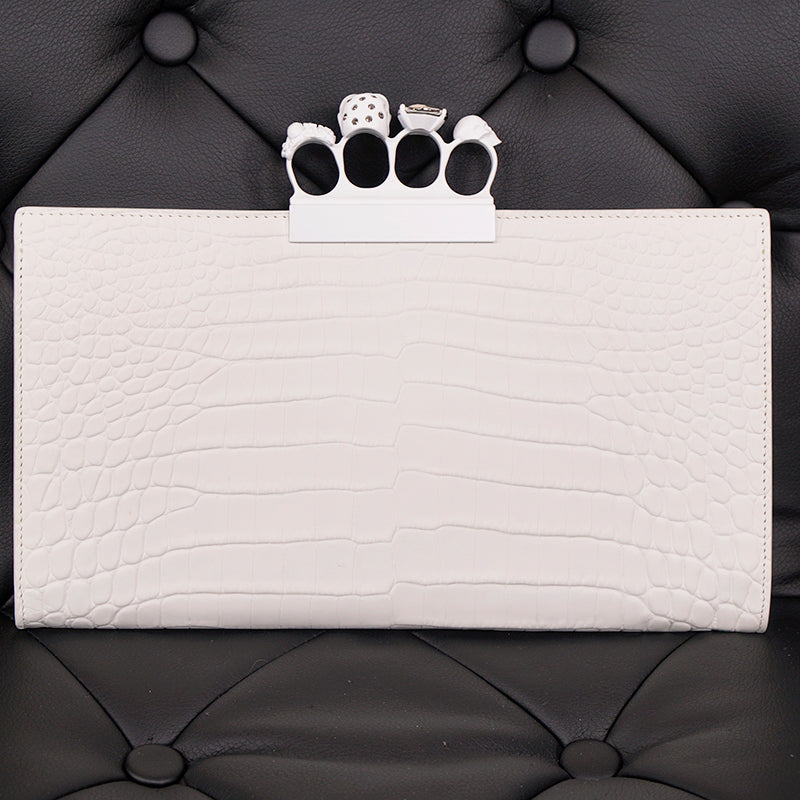 NEW $2190 ALEXANDER MCQUEEN Matte White Croc JEWELED KNUCKLE 4 Ring SKULL BAG