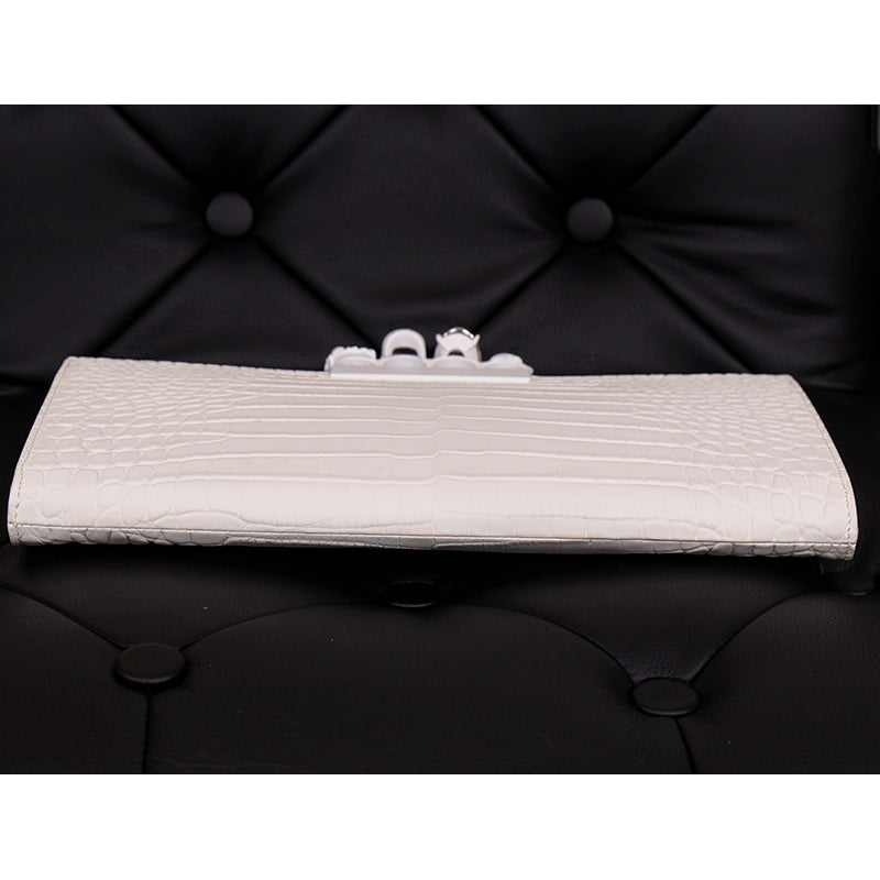 NEW $2190 ALEXANDER MCQUEEN Matte White Croc JEWELED KNUCKLE 4 Ring SKULL BAG