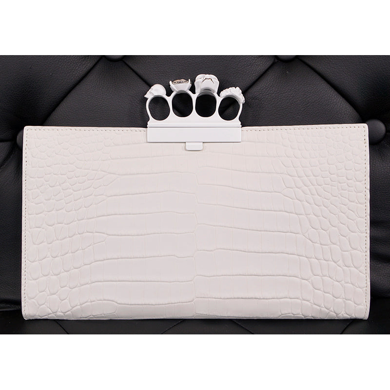 NEW $2190 ALEXANDER MCQUEEN Matte White Croc JEWELED KNUCKLE 4 Ring SKULL BAG