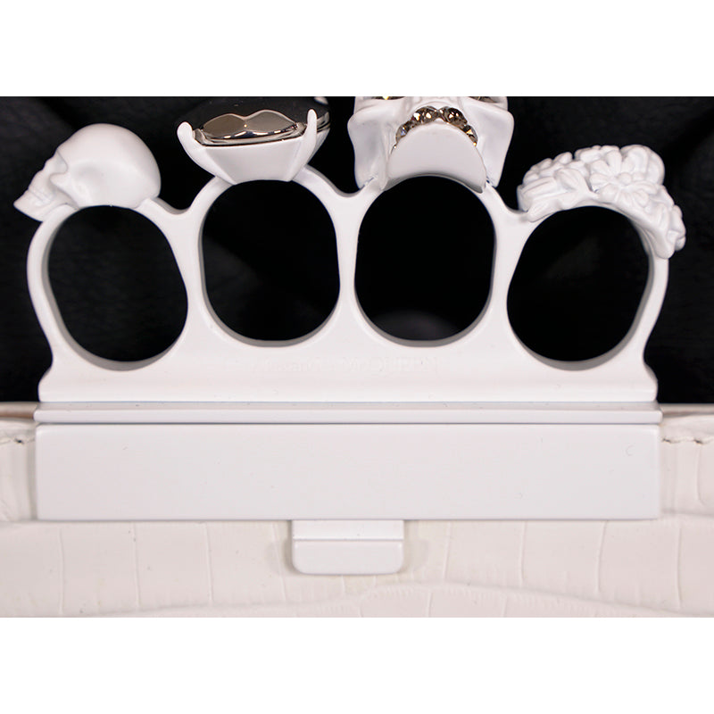NEW $2190 ALEXANDER MCQUEEN Matte White Croc JEWELED KNUCKLE 4 Ring SKULL BAG