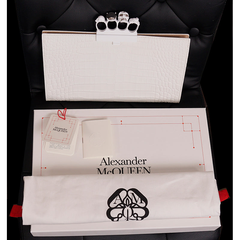 NEW $2190 ALEXANDER MCQUEEN Matte White Croc JEWELED KNUCKLE 4 Ring SKULL BAG