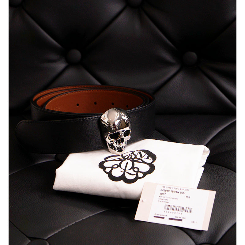42/105 NEW $690 ALEXANDER MCQUEEN Men's Black Leather 3D SKULL Reversible BELT