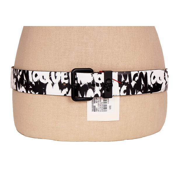 90/36 NEW $590 ALEXANDER MCQUEEN Black & White GRAFFITI-LOGO PRINT Leather BELT