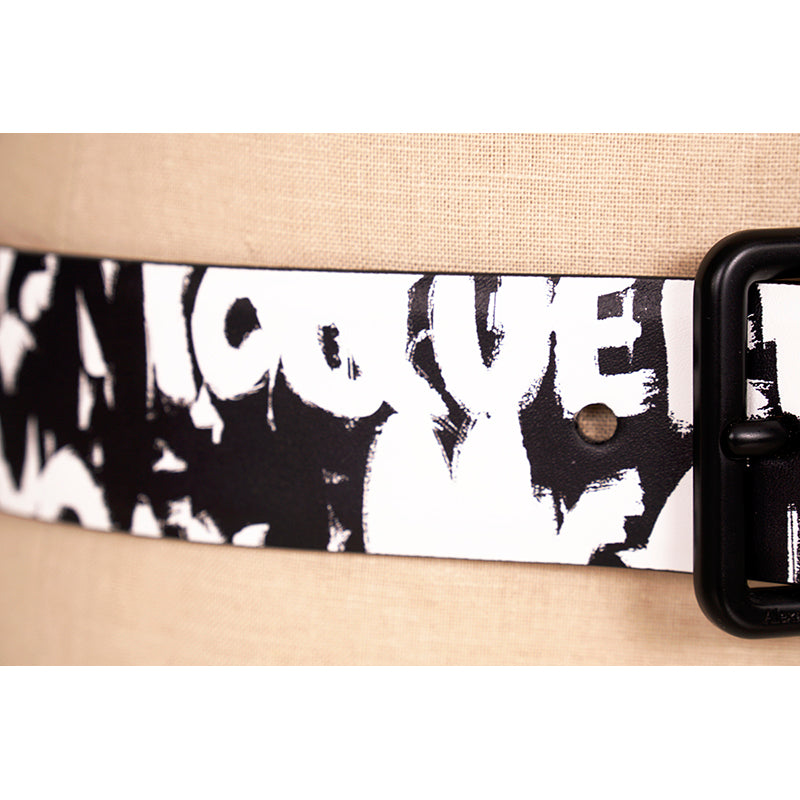 90/36 NEW $590 ALEXANDER MCQUEEN Black & White GRAFFITI-LOGO PRINT Leather BELT