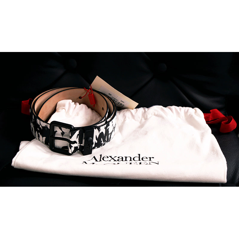 90/36 NEW $590 ALEXANDER MCQUEEN Black & White GRAFFITI-LOGO PRINT Leather BELT
