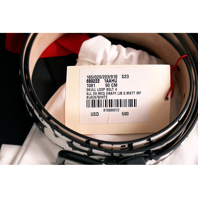 90/36 NEW $590 ALEXANDER MCQUEEN Black & White GRAFFITI-LOGO PRINT Leather BELT