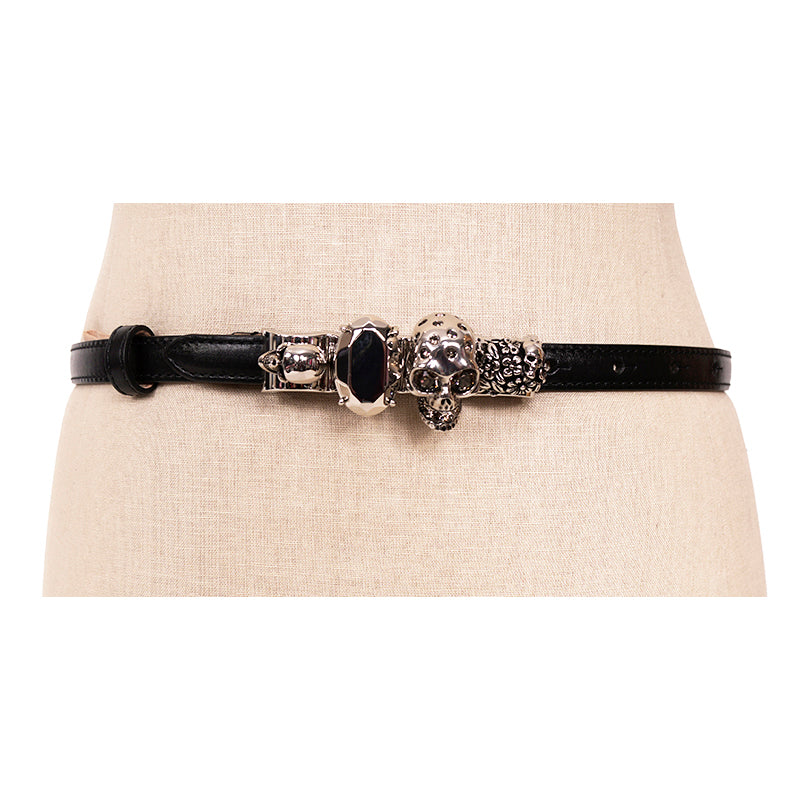 70/28 NEW $1190 ALEXANDER MCQUEEN Black Calf Leather KNUCKLE SKULL Flowers BELT