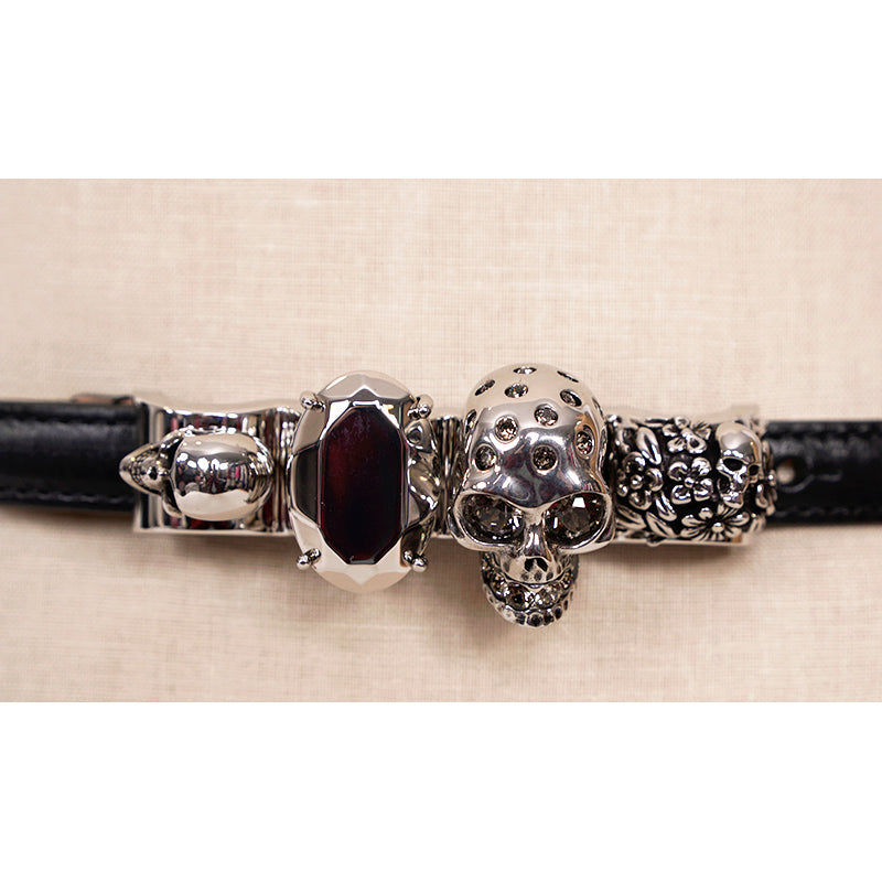 70/28 NEW $1190 ALEXANDER MCQUEEN Black Calf Leather KNUCKLE SKULL Flowers BELT