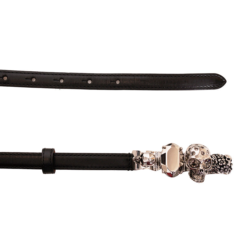 70/28 NEW $1190 ALEXANDER MCQUEEN Black Calf Leather KNUCKLE SKULL Flowers BELT