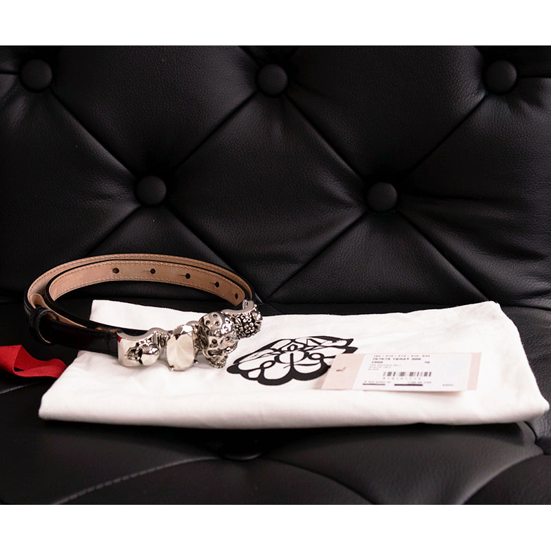 70/28 NEW $1190 ALEXANDER MCQUEEN Black Calf Leather KNUCKLE SKULL Flowers BELT